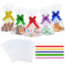50PCS Clear Cellophane Treat Bags, AUERVO 13 x 18 cm Clear Resealable Flat Cello Bags Sweet Party Gift Bags Candy/Cookie/Chokley/with 50PCS Colorful