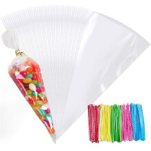 FOLKSNSHOPS 100pcs Clear Cone Bags, 32x18cm, Cellophane with Ties for Party Supplies, Sweets