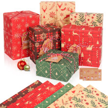 Christmas Wrapping Paper, 12 Sheets Recyclable Xmas Gift Kraft Paper 70x50cm with 6 P