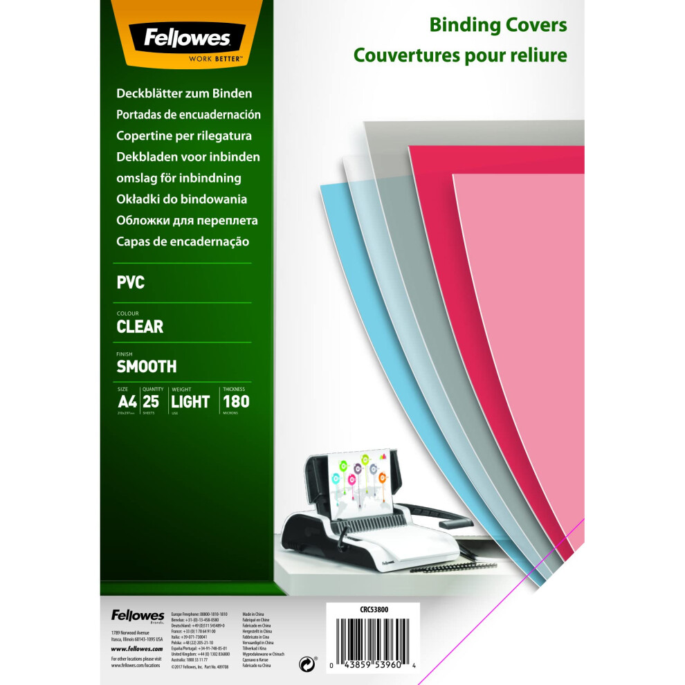Fellowes Binding Covers Clear A4 Pvc 180 Micron - Pack Of 25