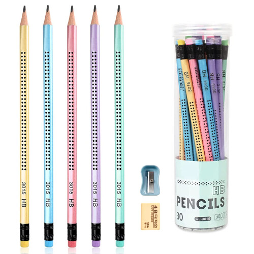Surcotto HB pencils, 30 HB pencils with eraser and sharpener, pre-sharpened triangula