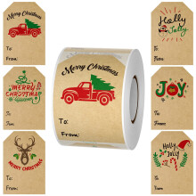 Nestcode 300PCS Christmas Tag Stickers, 2 * 3 Inch Labels in 6 Classic Designs, Kraft