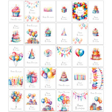 30 Bright Watercolour Birthday Cards with Envelopes made from Recycled Paper 30 Diffe