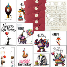 30 Bright Quirky Animals Birthday Cards with Envelopes and Wooden Seals