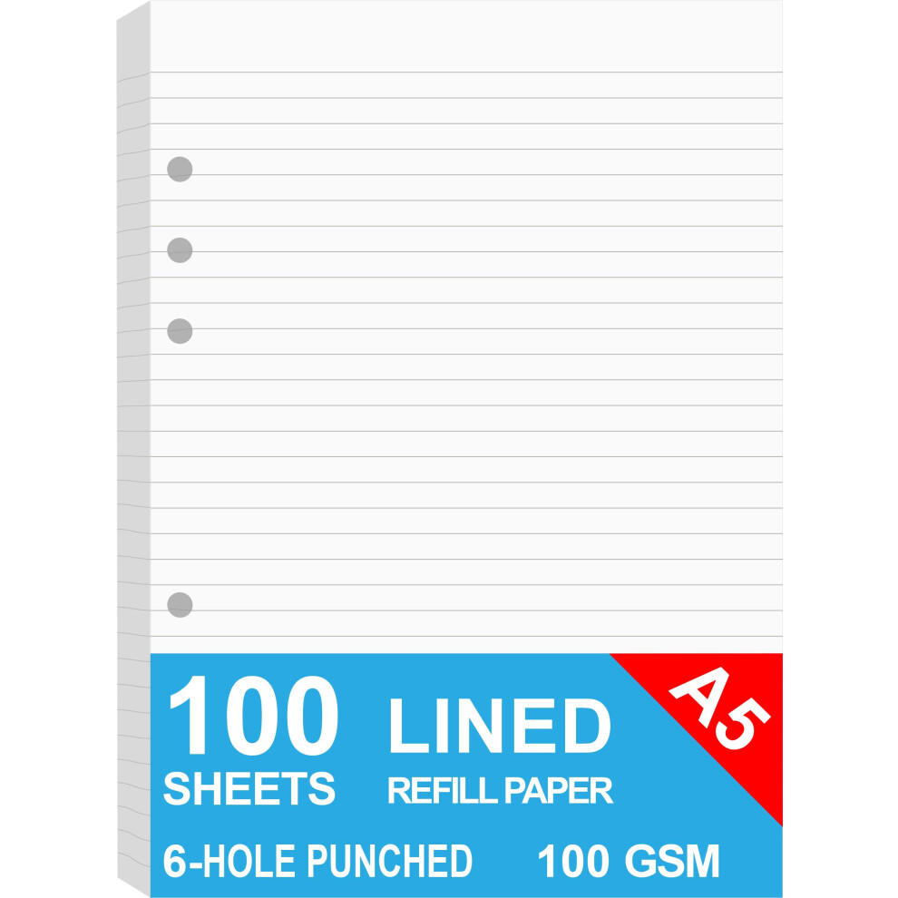 Nokingo White A5 Lined Refills Paper For Filofax Planner/Binders/Organizer, 6 Hole Punched Loose Leaf Paper, 100 Sheets/200 Pages, 100Gsm, 148 X 210Mm