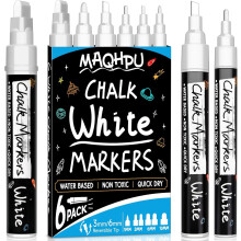 Maqhpu Chalk Pens, Pack of 6 Erasable White Chalk Markers for Windows and Chalkboards, Erasable Liquid Blackboard Marker Pen for Glass and Spice Jars