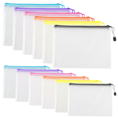 12 Pcs A4 A5 Plastic Zip Wallets, Document Folders, Mesh Zipper Bags, Waterproof Zip