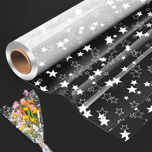 Cellophane Wrap Clear Wrapping Paper Roll with Star Pattern,80CM x 30M Folded Florist