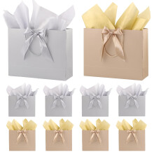 10 Pcs Champagne Silver Gift Bags Medium with 10 Tissue Paper Handles Bow Ribbon Mult