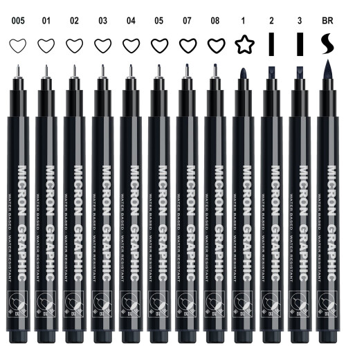 AKARUED Black Fineliner Pens, 12 Pack Fineliners Technical Drawing Micro Liner Sketch