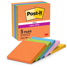 Post-it Super Sticky Notes, 450 Sheets, Pack of 5 Pads, 76 mm x 76 mm - Holds Strong to Many Surfaces - Bright Colours - for Walls, Monitors and Frid