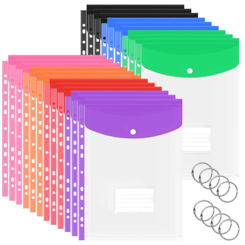 JEFURE Plastic Wallets A4, 21PCS Expandable Punched Poly Pockets, Colorful Plastic Fo