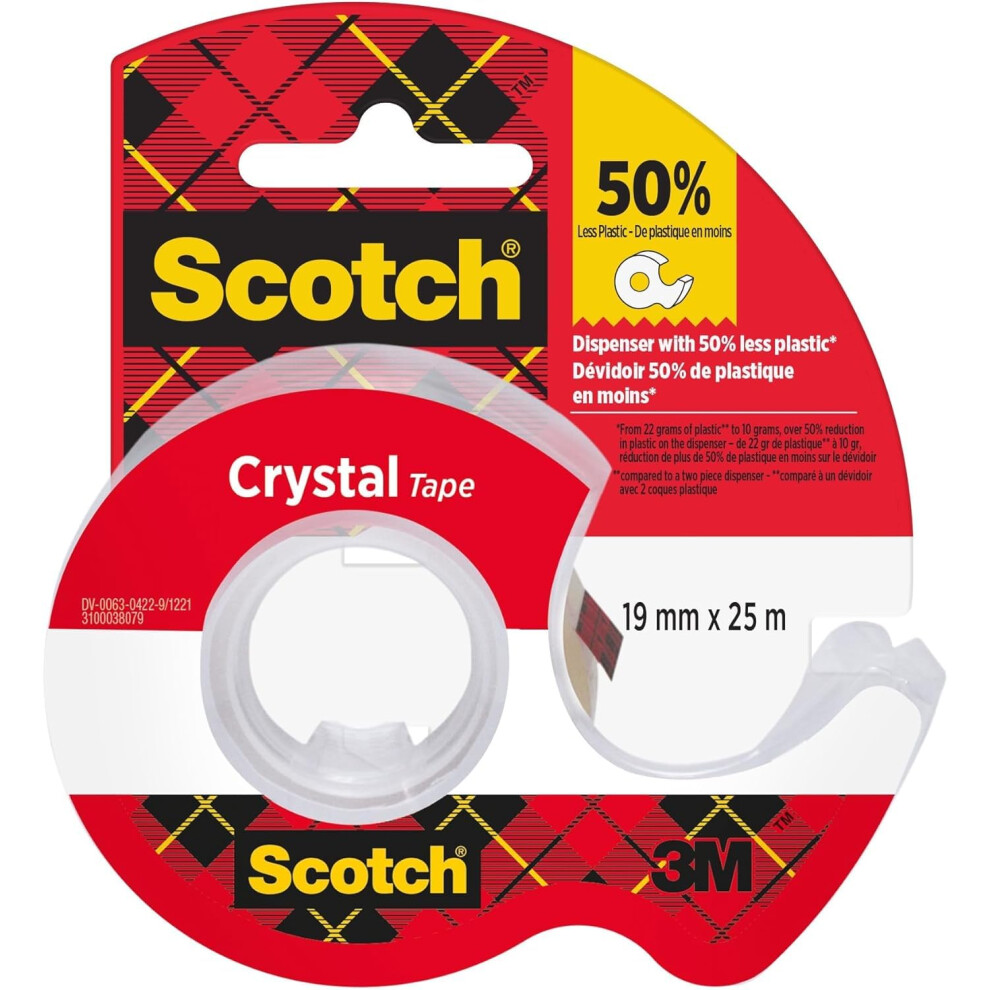 Scotch Crystal Clear Tape, 1 Roll On Handheld Dispenser, 19 Mm X 25 M - Provides A St Black