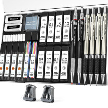 Four Candies 27PCS Art Mechanical Pencil Set with Case, 4PCS Metal Drawing Pencil 0.3, 0.5, 0.7, 0.9 mm & 2PCS 2mm Lead Holder (HB 2H 2B 4B Color) wi