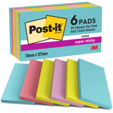 Post-it Super Sticky Notes, 540 Sheets, Pack of 6 Pads, 76 mm x 127 mm - Holds Strong to Many Surfaces - Blue, Green, Pink - for Walls, Monitors and