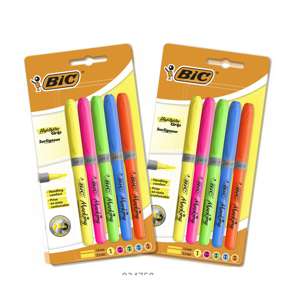 Bic 511032 Highlighter Grip Pens With Modular Chiselled Nib And Water-Based Ink - Assorted Colours- 10 (2 Packs Of 5)