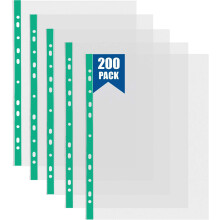 200 Pcs Punched Pockets A4 Clear 60 Micron Strong Plastic Wallet Sleeves, Top Opening