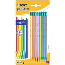 BIC Evolution Graphite Pencils - Pack of 8 - HB Pencils with Eraser - Colourful Stripe Design and Shock-Resistant Lead