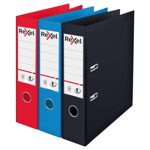 Rexel Choices A4 Lever Arch Files, 3-Pack Assorted Colors (Black, Red, Blue), Durable