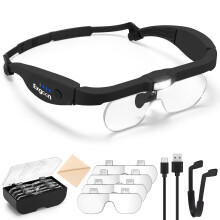 Exgoon Magnifying Glasses with Light, 1.5X to 5X Magnifying Glass with 4 Detachable Lenses, Hands Free Rechargeable Headband Magnifier for Hobbies Cr