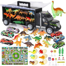 Camion trasportatore di auto da 37 pezzi con uovo e dinosauro, tappetino da gioco, mini auto da corsa, cartelli per bambini