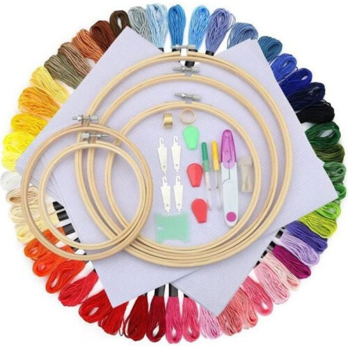 Complete embroidery starter kit including: 5 bamboo embroidery hoops, 50 brightly colored threads,