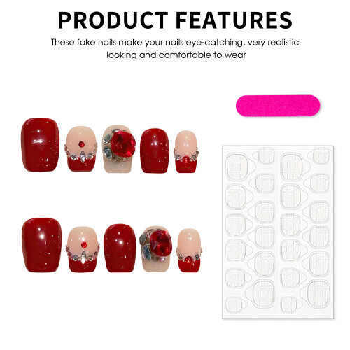 (M) Short Square Stick-on Nails - Nude & Red - Work, Party, Date