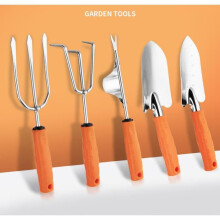 5-osainen ruostumattomasta teräksestä valmistettu puutarhatyökalusarja: lapio, harava, haarukka, oranssi