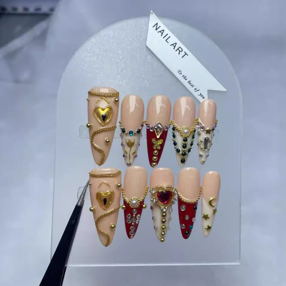 Dachuang Beauty (Xs) Glossy Almond Fake Nails With Rhinestones