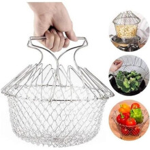 Metallinen kypsennyskori, höyryhuuhtelu, pasta, ranskalaiset perunat, vihannekset, salaatti, verkkosiivilä, kokoontaitettava, keittiömestarin