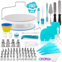 Prato giratório para bolos - Kit para confeitaria - 140 peças - Aço inoxidável - Fácil de usar - Presente ideal