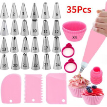 35 bicos de confeitar, 24 bicos de confeitar, sacos de confeitar, adaptadores, raspador de bolo, para cupcakes, massa choux e éclairs.