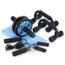 Equipo de fitness 5 en 1: rueda abdominal, barra para flexiones, cuerda para saltar, pinzas para manos y tapete para rodillas, kit completo