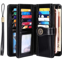 Cartera de piel para mujer DARMOWADE - Gran capacidad para 24 tarjetas - Bloqueo RFID - Cremallera - Negra