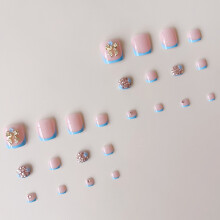 24PCS Pink Press-On Nails w/ Blue Tips for Daily & Party