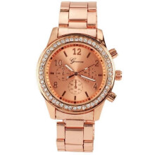 Relojes de oro rosa para mujer con pulsera de cuarzo de acero inoxidable y cristales de Ginebra