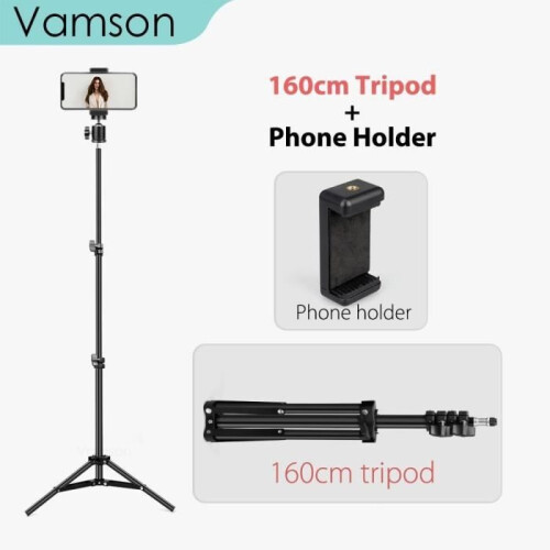 Conjunto VLS02C-160cm: Tripé para celular, monopé para câmera, suporte para smartphone e projetor