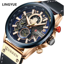 Relojes deportivos LINGYUE para hombre, marca de lujo, analógicos, de cuero, con fecha, de cuarzo, color azul