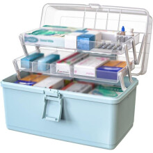 Draagbare medicijndoos, opvouwbare medicijndoos met drie lagen, blauw