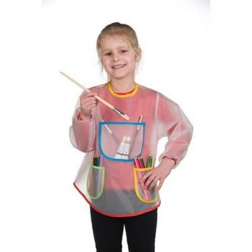 Grembiule da disegno per bambini - Marca - Modello - Plastica trasparente - Polsini elasticizzati - 3 tasche