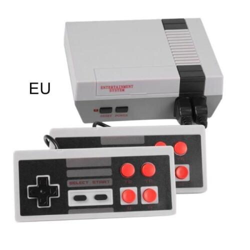 Mini console de jogos clássico vermelho e branco com quatro botões e 620 jogos retrô de 8 bits integrados.