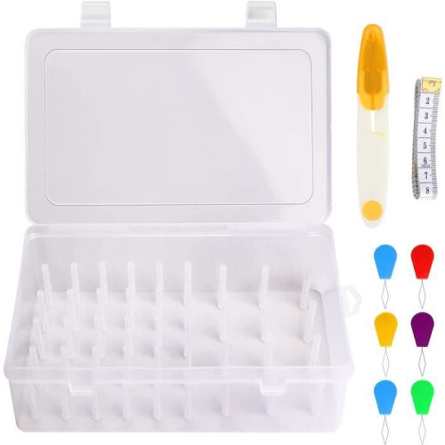 Thread spool storage box, 42 pieces, soft ruler with 6 threading aids, storage box