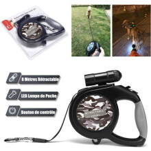 Guinzaglio per cani di grossa taglia, 8 m, 50 kg, 9 LED, retrattile, per la notte, con maniglia antiscivolo e gancio, colore grigio mimetico