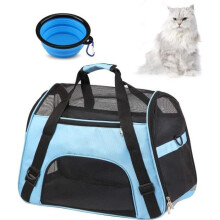 Trasportino morbido per animali, approvato dalle compagnie aeree, borsa morbida per il trasporto di animali, compatibile con il sedile, blu + ciotola