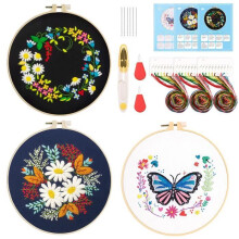 Set di 3 kit da ricamo - Kit da ricamo per principianti - Include 3 telai, 3 tessuti ricamati, filo da cucito, aghi, 1 paio di forbici, 2 infila-ago