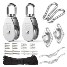 M15-Edelstahl-Riemenscheibensystem-Kit - Hochleistungs-Riemenscheibe, Flaschenzug mit Nylonseil 4 Mm, Haken, Platte (2er-Pack)