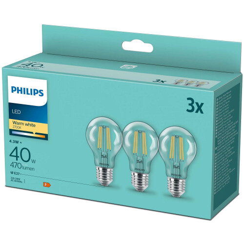 Philips 3-pack LED E27 Normal Clear 40W 470lm