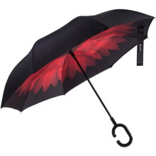 Paraguas invertido Glamore, automático, tamaño grande, impermeable, anti-UV, resistente al viento, antivuelco, mango en forma de C, negro y rojo