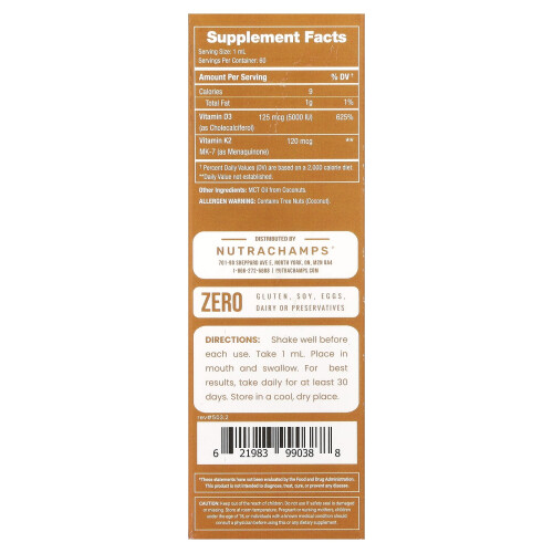 NutraChamps, D3 + K2 Flüssigtröpfchen, ungeschmackt, 2 fl oz (60 ml) 1