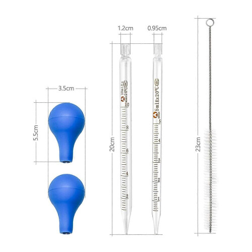 Conjunto de 2 pipetas de vidro graduadas com conta-gotas e escova de limpeza. 1